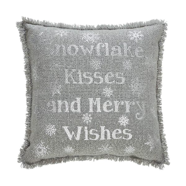 VHC BRANDS Yuletide Dove Grey Silver 12 in. x 12 in. Burlap Snowflake Kisses Throw Pillow