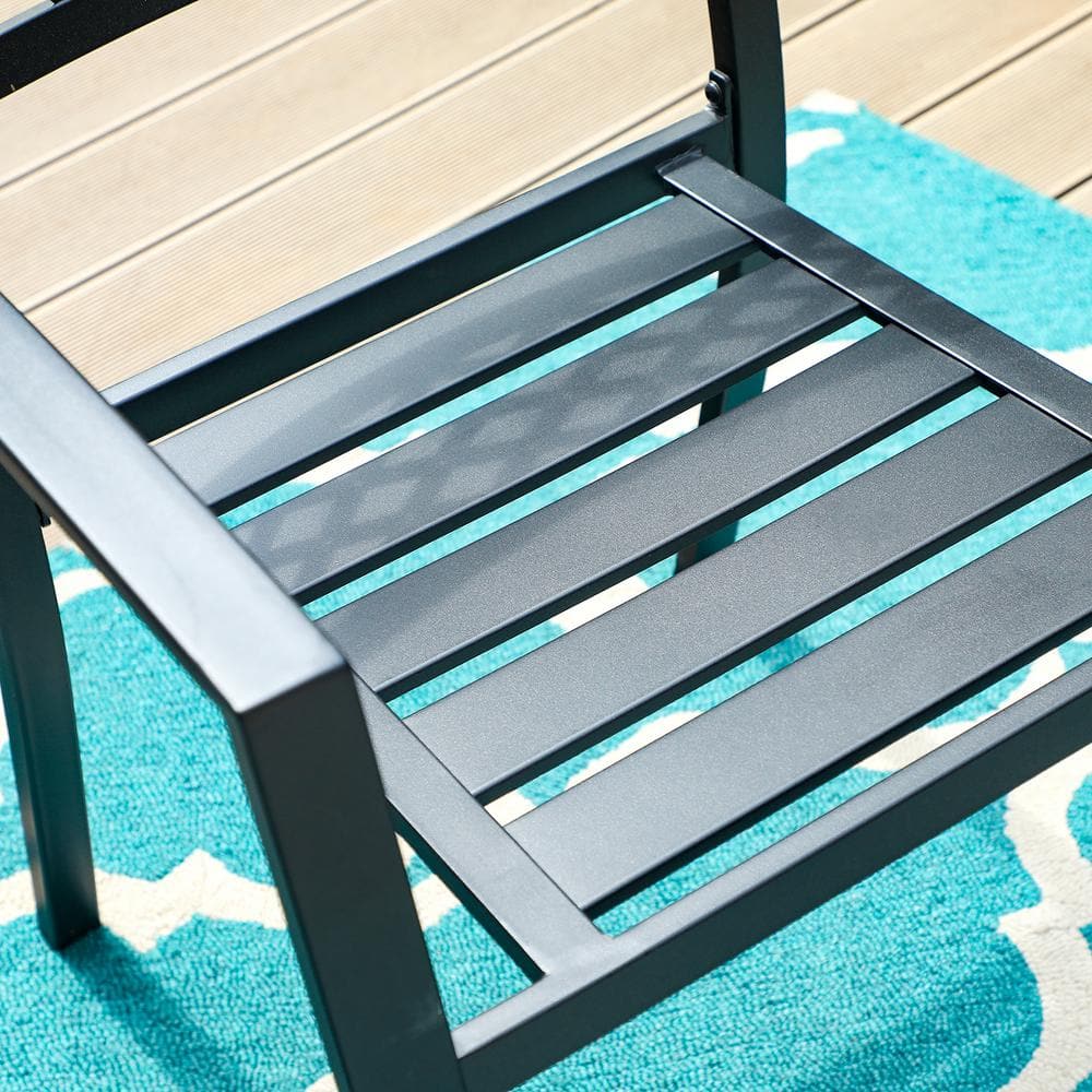 Black Steel Stackable Outdoor Dining Armchairs with Lattice Back (Set of 4)