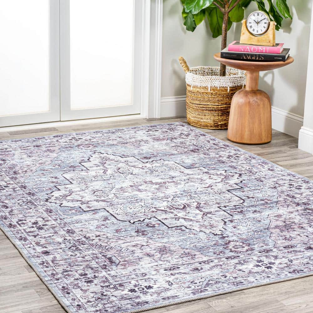 Didim Gray and Purple Medallion Washable 4' x 6' Area Rug