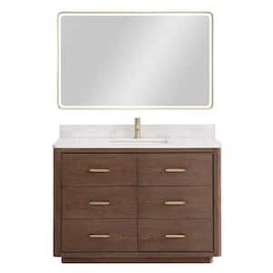 Porto 48 in. W x 22 in. D x 33.8 in. H Single Sink Bath Vanity in Dark Brown with White Quartz St1 Top and Mirror