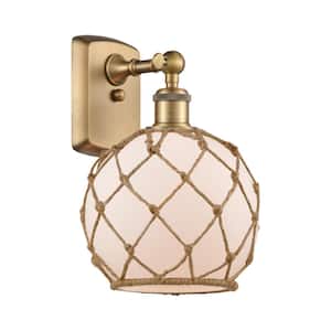 Farmhouse Rope 8 in. 1-Light Brushed Brass Wall Sconce with White Glass with Brown Rope Glass and Rope Shade