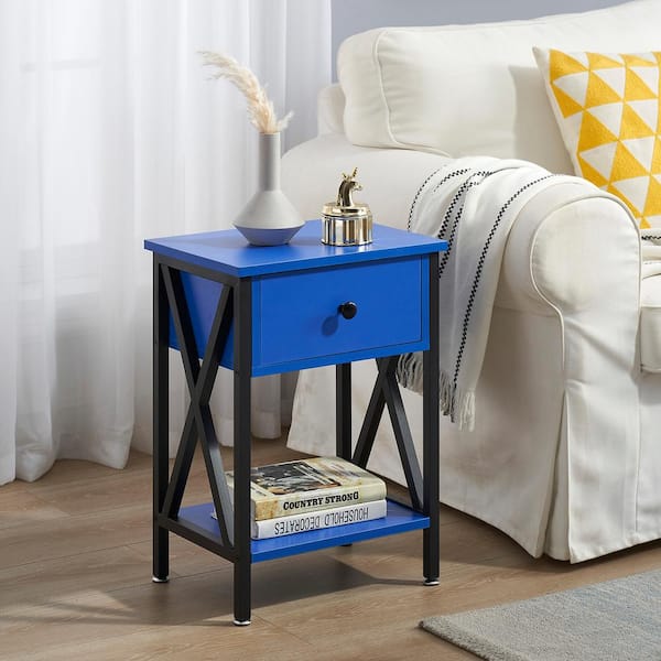Nightstands X-Design Side End Table Night Stand Storage Shelf with Bin Drawer 11.8"W x 15.8"L x 21.7"H, Deep Blue