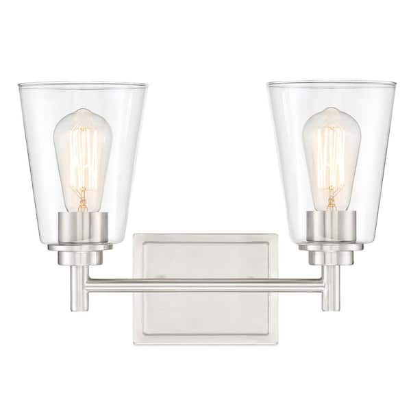 Westin 15 in. 2-Light Satin Platinum Industrial Vanity Light with Clear Glass Shades