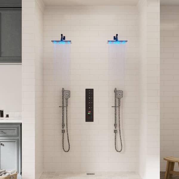 GRANDJOY IntelliFlow 12in. and 12in. Dual Wall Mount Fixed with Slide Bar Hand-Shower and Thermostatic Valve in Matte Black