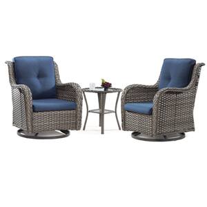 3-Piece Wicker Patio Swivel Outdoor Rocking Chair Set with Blue Cushions and Table
