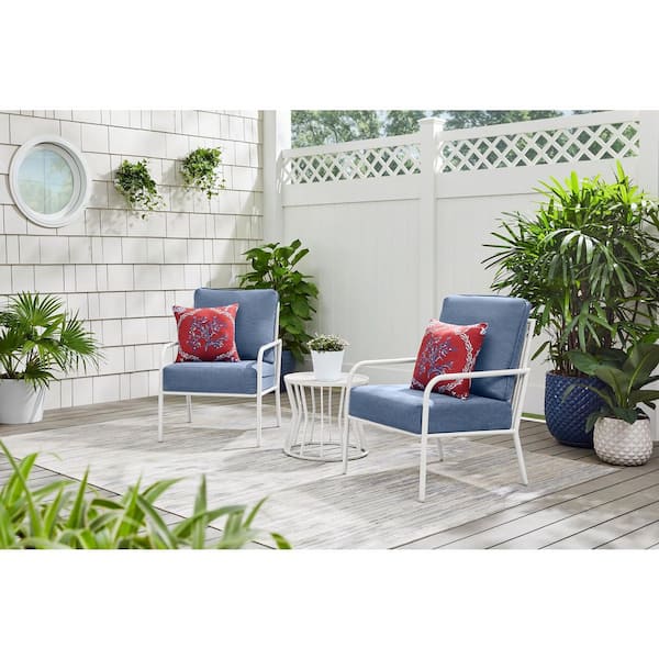 Hampton Bay Edina Bay 3-Piece Metal Outdoor Chat Set with CushionGuard Twist Blue Cushions