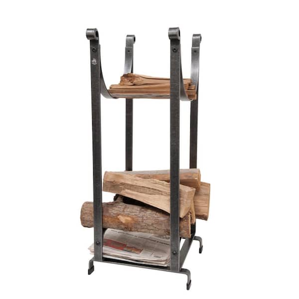 Handcrafted Sling Fireplace Log Rack with Newspaper Holder Hammered Steel