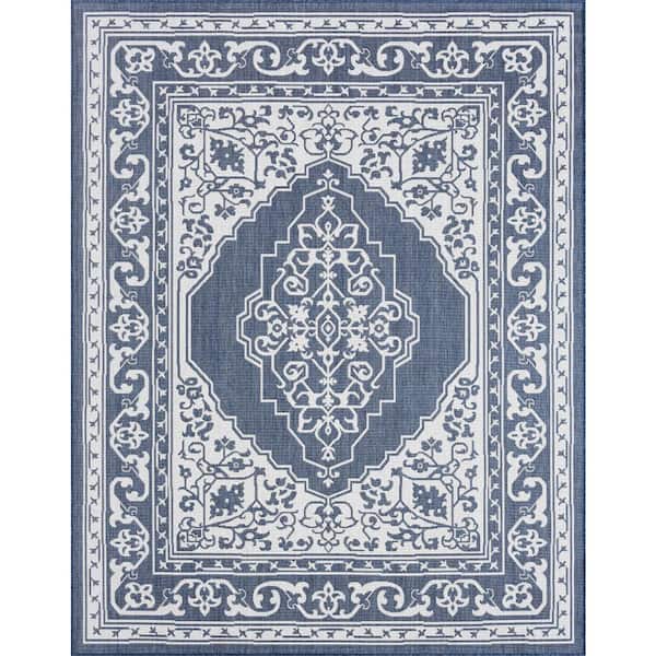 Tayse Rugs Eco Floral Navy 8 ft. x 10 ft. Indoor/Outdoor Area Rug