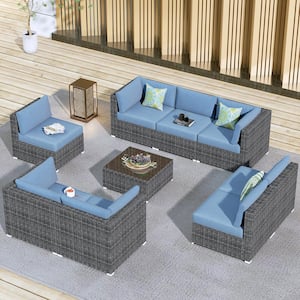 Messi Grey 9-Piece Wicker Outdoor Patio Conversation Sofa Seating Set with Denim Blue Cushions