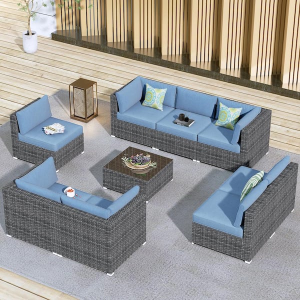 HOOOWOOO Messi Grey 9-Piece Wicker Outdoor Patio Conversation Sofa Seating Set with Denim Blue Cushions