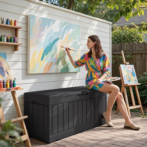 82 Gal. Fusion Style Deck Box Black Outdoor Resin Storage Box