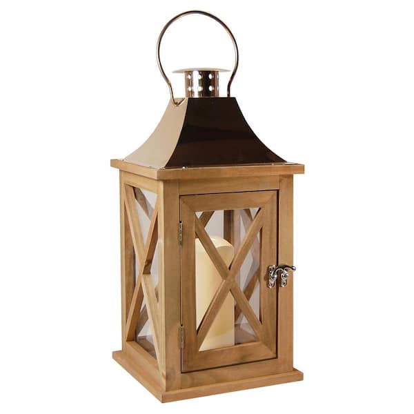 LUMABASE Lantern 7.75 in. x 15.5 in. Wooden Lantern Copper Roof with LED Candle