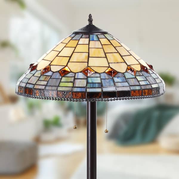 Samantha 62.25 in. Bronze Tiffany Stained Glass Candlestick Floor Lamp with Dome Shade