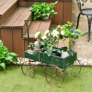 Garden Plant Planter Wooden Wagon Planter with Wheel Garden Yard Green