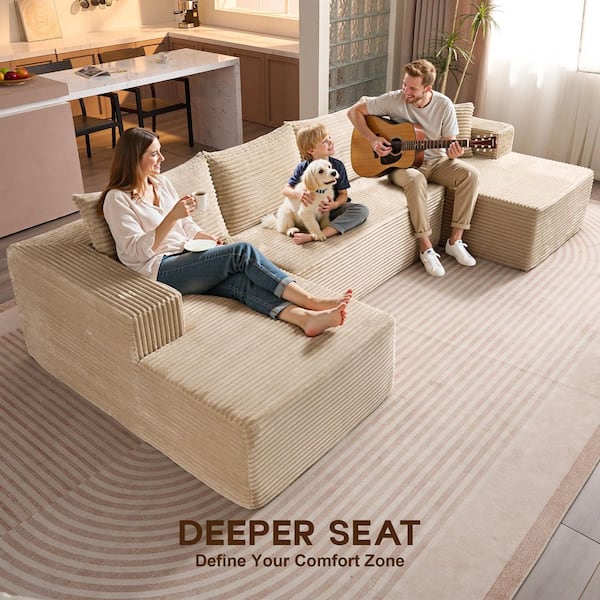 Allwex Varo 134 in. Wide Arm 3-Piece Modern Plush Corduroy U-Shape
