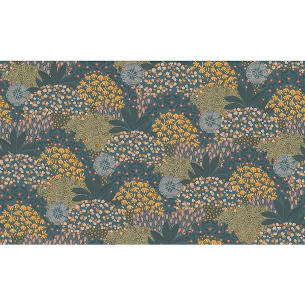 Unbranded Fusion Collection Forest Bloom Turquoise/Yellow Motif Matte Finish Non-Pasted Vinyl on Non-woven Wallpaper Roll