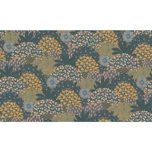 Fusion Collection Forest Bloom Motif Turquoise/Yellow Matte Finish Non-Pasted Vinyl on Non-woven Wallpaper Sample