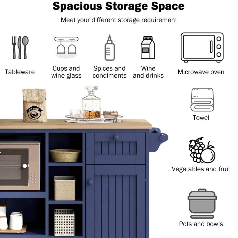 Dark Blue Wood Kitchen Cart with Spice Rack and Storage