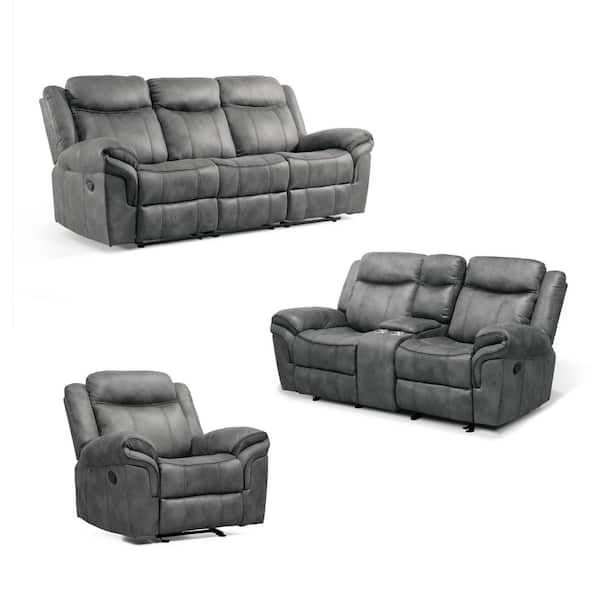 Amelia 3-Piece Dark Gray Faux Leather Manual Gliding Reclining Living Room Set with Cup Holders