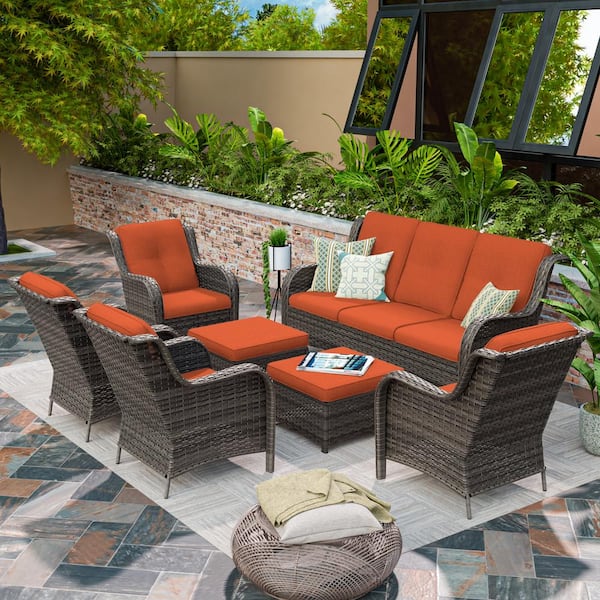 MeetLeisure Brown 7-Piece Wicker Outdoor Patio Conversation Sofa Set with Orange Cushion