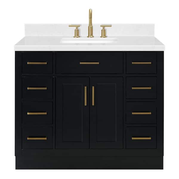 Hepburn 42 in. Single Sink Freestanding Bathroom Vanity in Black with Carrara White Quartz Top