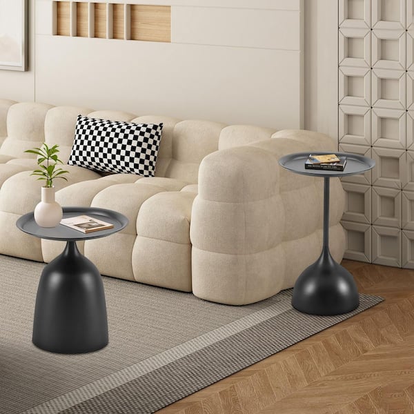 IDEAGLE Round 15.75 in. Black Metal Nesting End Table Set of 2, Wine Glass Shaped Modern Accent Coffee Table Small Side Table