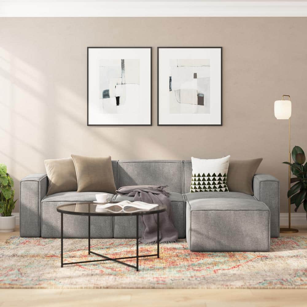 Gray Fabric Modular Right Armrest Side Chair with Solid Wood Frame