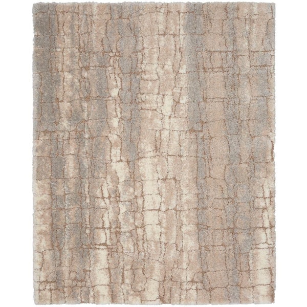 Luxurious Shag Ivory Beige 9 ft. x 12 ft. Abstract Contemporary Area Rug