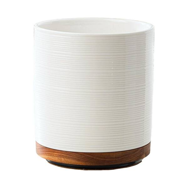 White Ceramic Utensil Holder with 360° Rotating Wooden Base for Kitchen Countertop