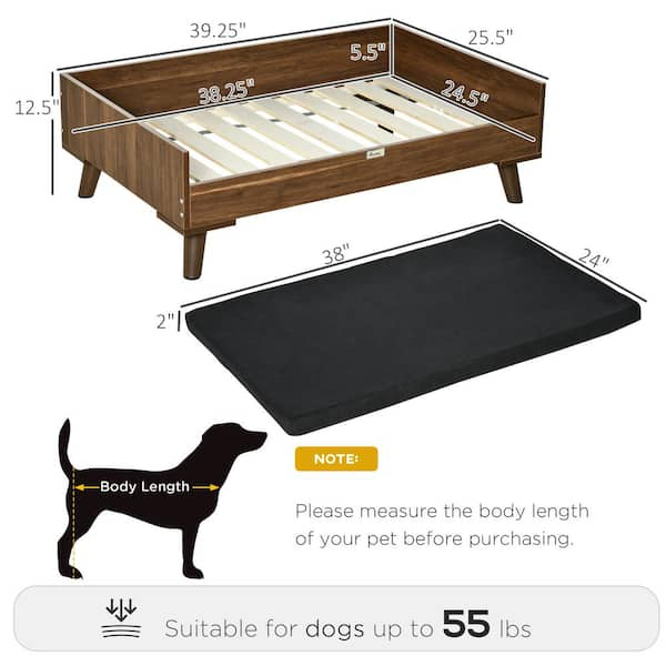 PawHut Elevated Dog Bed Wooden Pet Sofa Raised Dog Couch with Soft Cushion Brown and Black