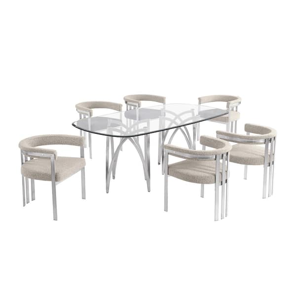 Best Quality Furniture Amelia 7-Piece Clear Tempered Glass Top Chrome Plated Base Dining Set with 6-Grey Boucle Fabric Chairs