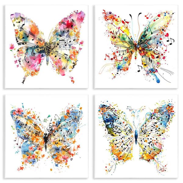 Stupell Industries Butterflies with Music Notes by LSR Design Studio 4 Pieces Unframed Animal Graphic Art Print 12 in. x 12 in.