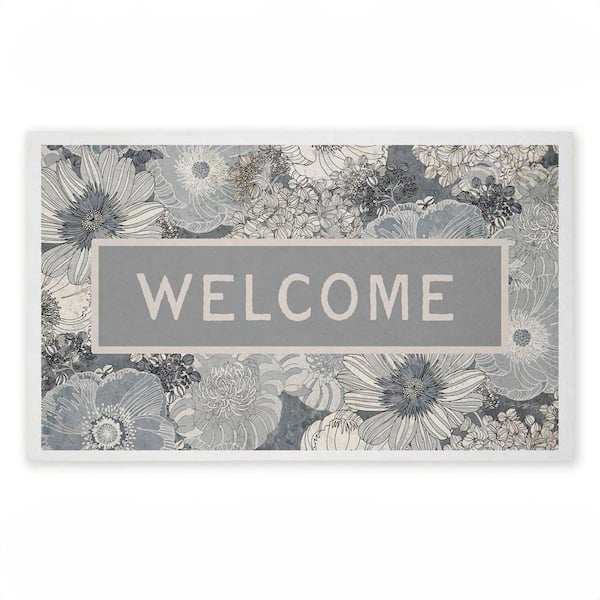 Monochrome Blooms Welcome Gray 18 in. x 30 in. Polyester Non-Slip Outdoor Door Mat