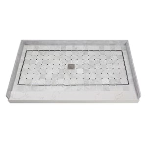 Pre-Tiled 60 in. L x 36 in. W Alcove Shower Pan Base with Center Drain in White Square