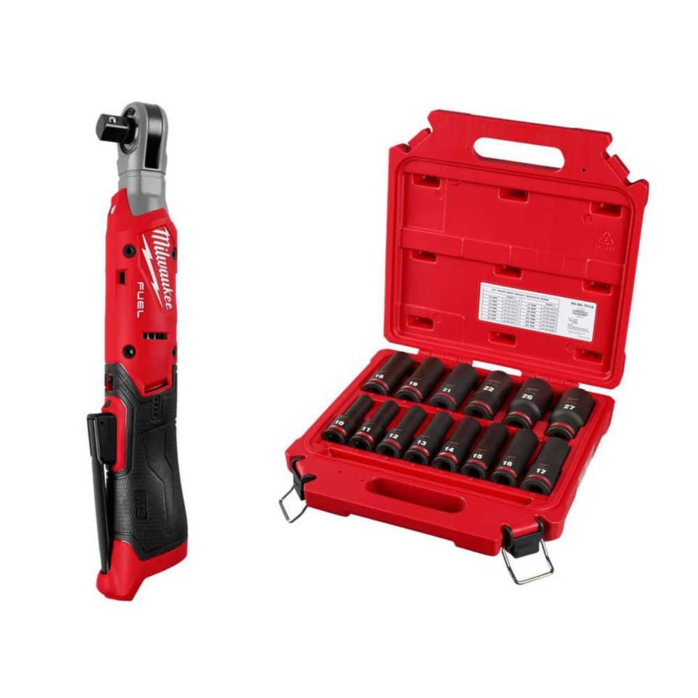 M12 12V Lithium-Ion 1/2 in. Cordless Ratchet (Tool-Only) and 1/2 in. Drive Metric Deep Well Impact Socket Set (14-Piece) price history on PriceWatchPro