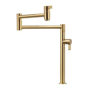 Deck Mounted Pot Filler Kitchen Faucet with Double Joint Swing Arm in Solid Brass Brushed Gold