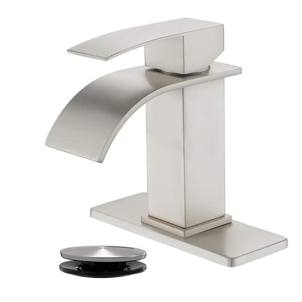 FLG Single Handle Single Hole Waterfall Bathroom Faucet with Drain Kit Stainless Steel Sink Vanity Taps in Brushed Nickel