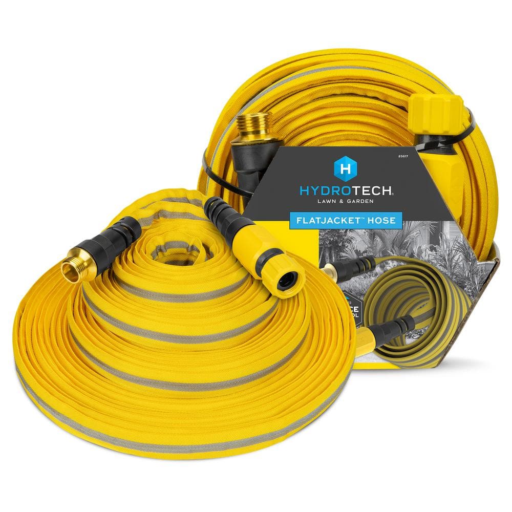 Hydrotech 5/8 in. x 100 ft. Flat Jacket Garden Hose, Flexible, Durable, Burst Proof, Lightweight, No-Kink Water Hose