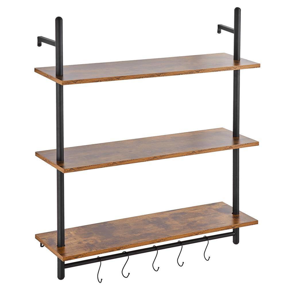 Industrial Pipe Shelf 3 Tier 9.65 in. W x 31.5 in. D Black Wood Solid Decorative Wall Shelf Rustic Wood Shelves Bracket