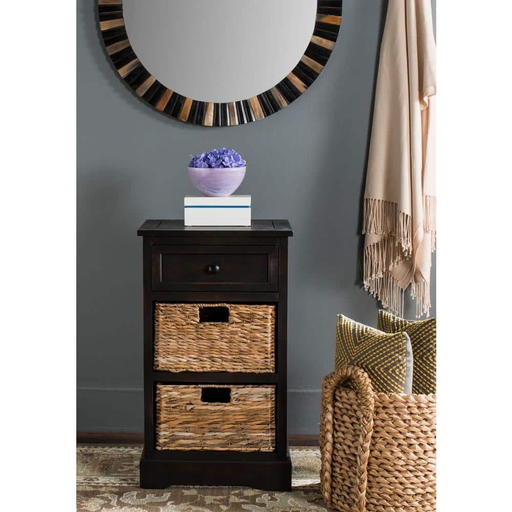 Transitional Brown Pine 3-Drawer Side Table with Woven Baskets