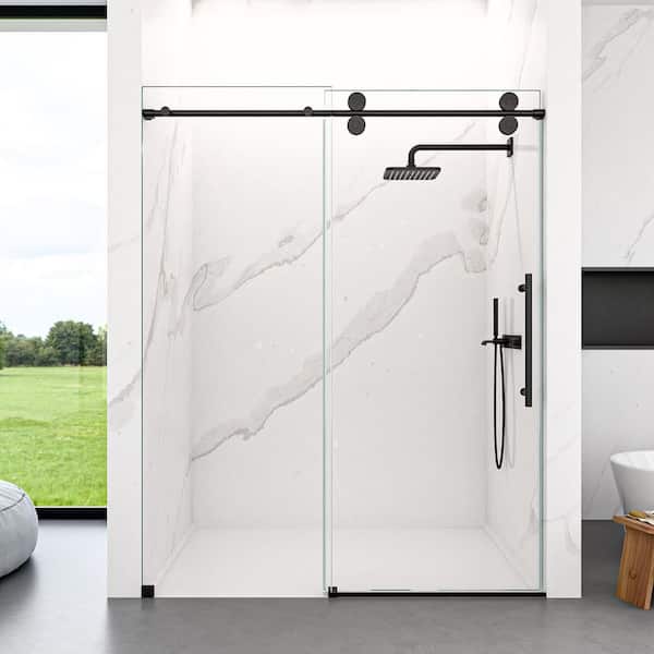 48 in. W x 76 in. H Frameless Single Sliding Shower Door in Matte Black With 5/16 in. Clear Tempered Glass