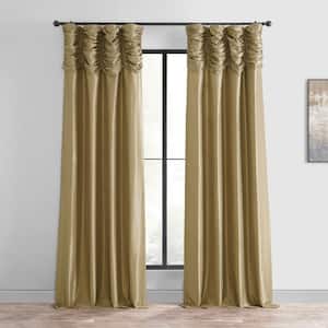 Flax Gold Ruched Vintage Textured Faux Dupioni Silk Room Darkening Curtain - 50 in. W x 108 in. L (1 Panel)
