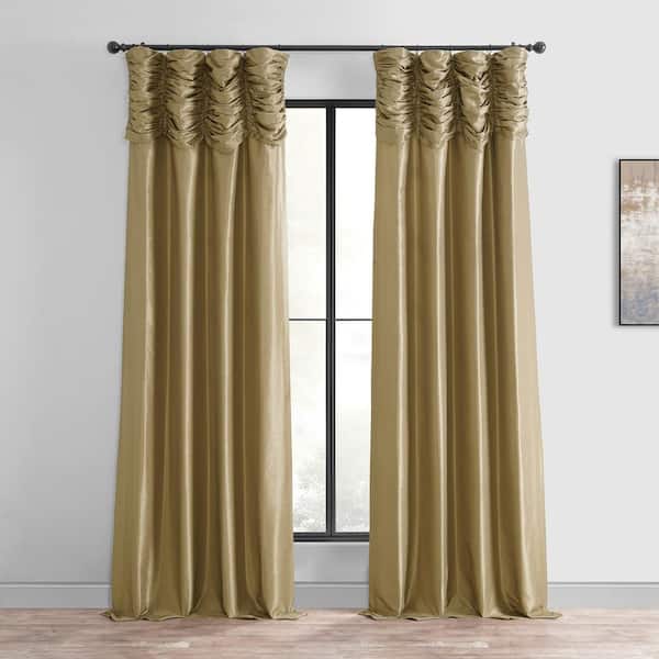 Exclusive Fabrics & Furnishings Flax Gold Ruched Vintage Textured Faux Dupioni Silk Room Darkening Curtain - 50 in. W x 96 in. L (1 Panel)