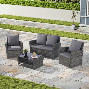 Gray 4-Piece Wicker Outdoor Patio Conversation Set with Tempered Glass Coffee Table and Dark Gray Cushions