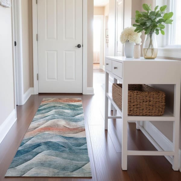 Mayfield Premium Machine Washable Abstract AMF1619 Teal 2 ft. 3 in. x 7 ft. 6 in. Runner Rug