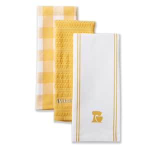 Mixer Yellow/White Solid and Checkered Cotton Kitchen Towel Set (3-Pack)