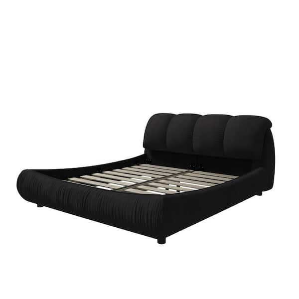 High End Black Wood Frame King Upholstered Platform Bed with Oversize Headboard, Thickened Slats, Pleating Bed Body