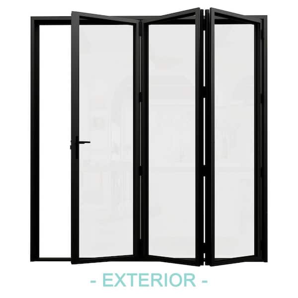 96 in. x 80 in. Right Swing/OutSwing Tempered Glass Black Aluminum Folding Patio Door with Door Stopper (3-Folding)