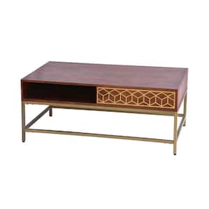Kalyn 25 in. Natural Brown and Brass Rectangle Acacia Wood Coffee Table with Geometric Design and 1 Open Compartment