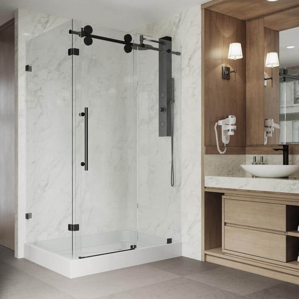 Winslow Matte Black Frameless Sliding Shower Enclosure with Clear Glass